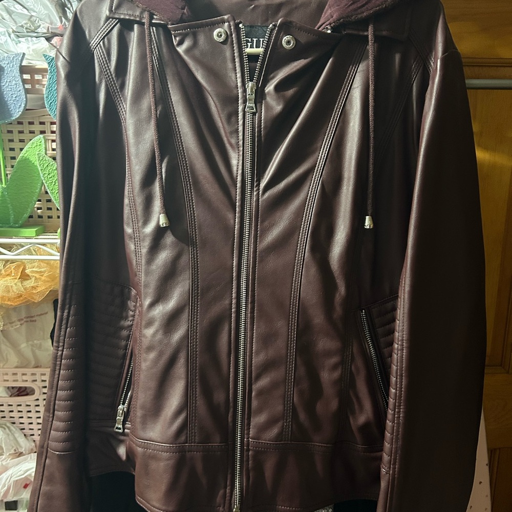 Guess Dark Burgundy Leather Jacket